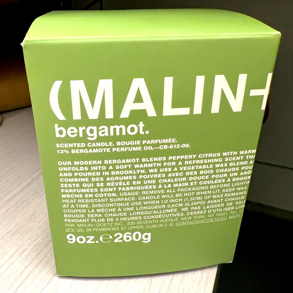 9 oz Malin & Goetz Bergamot candle, brand new